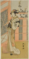 The Actor Nakamura Noshio I as Misao Disguised as a Komuso in the Play Kosode-gura no Tekubari, Performed at the Morita Theater in the Second Month, 1772 (?)