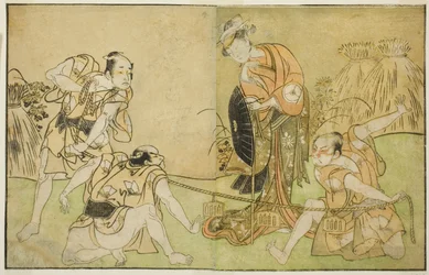 The Actors Bando Zenji I as Nagahashi Saburo, Iwai Hanshiro IV as Otatsu-gitsune, Nakamura Konozo as Hagai Ujitsune, and an Unidentified Actor (right to left), in the Play Nue no Mori Ichiyo no Mato, Performed at the Nakamura Theater in the Eleventh Month