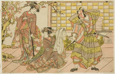 The Actors Ichikawa Danjuro V as Miura Kunitae, Segawa Kikunojo III as Yasukata, and Iwai Hanshiro IV as Utou, in the Play Godai Genji Mitsugi no Furisode, Performed at the Nakamura Theater in the Eleventh Month, 1782