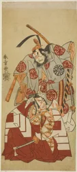 The Actors Ichikawa Danjuro V as Watanabe Kiou Takiguchi (bottom), and Nakamura Nakazo I as Taira no Kiyomori (top), in the "Shibaraku" Scene from the Play Nue no Mori Ichiyo no Mato (Forest of the Nue Monster: Target of the Eleventh Month), Performed at t
