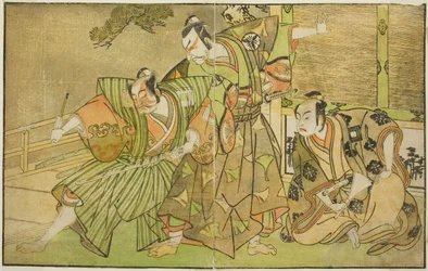 The Actors Ichikawa Komazo II as Minamoto no Yorimasa, Matsumoto Koshiro II as Osada no Taro Kagemune Disguised as Yatsurugi Zaemon, and Ichikawa Danzo III as I no Hayata Tadazumi, in the Play Nue no Mori Ichiyo no Mato