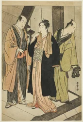 The Actors Ichikawa Monnosuke II (left), Iwai Hanshiro IV (center), and Iwai Karumo (?) (right), on a Landing Backstage