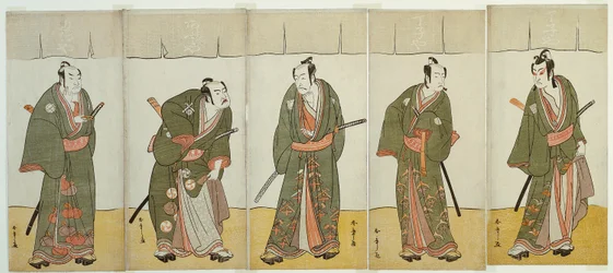 The Actors Ichikawa Monnosuke II as Karigane Bunshichi, Bando Mitsugoro I as An no Heibei, Ichikawa Danjuro V as Gokuin Sen