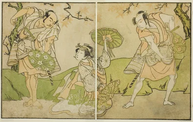 The Actors Ichikawa Somegoro, Segawa Kikunojo II, and Bando Sampachi in Unidentified Roles in the Play Myoto-giku Izu no Kisewata, Performed at the Ichimura Theater in the Eleventh Month, 1770