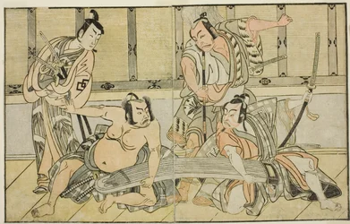 The Actors Ichikawa Yaozo II as Kujaku no Saburo, Matsumoto Koshiro II as Hata no Daizen Taketora, Nakajima Mihoemon II as Aramaki Mimishiro, and Nakamura Shocho I as Ki no Tsurayuki, in the Play Kuni no Hana Ono no Itsumoji, Performed at the Nakamura-za