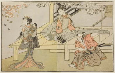The Actors Ichikawa Yaozo II as Yoshimine no Munesada (right), Yoshizawa Sakinosuke III as Shizuya (center), and Nakamura Matsue I as Sakuragi (left), in the Play Kuni no Hana Ono no Itsumoji, Performed at the Nakamura Theater in the Eleventh Month, 1771