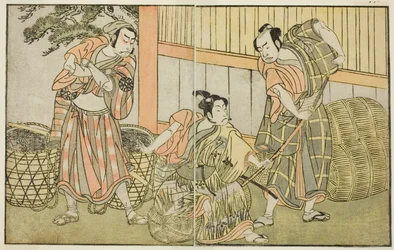 The Actors Kasaya Matakuro II as Hagun Taro, Ichikawa Monnosuke II as Izutsu no Suke Narihira, and Nakamura Nakazo I as Kose no Kanaoka Disguised as Sogoro the Charcoal Maker, in the Play Kuni no Hana Ono no Itsumoji, Performed at the Naka