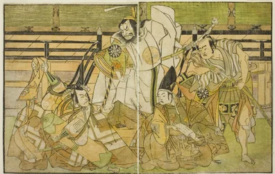 The Actors Nakamura Denkuro II as Seno-o Taro, Ichikawa Komazo II as Yorimasa, Nakamura Nakazo I as Taira no Kiyomori, and Ichikawa Danjuro V as Kiou Takiguchi (right to left), in the Play Nue no Mori Ichiyo no Mato, Performed at the Nakamura Theater