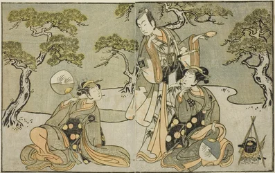 The Actors Nakamura Nakazo I as Matsukaze, Ichikawa Komazo II as Ariwara no Yukihira, and Iwai Hanshiro IV as Murasame, in the Play Kuni no Hana Ono no Itsumoji, Performed at the Nakamura Theater in the Eleventh Month, 1771