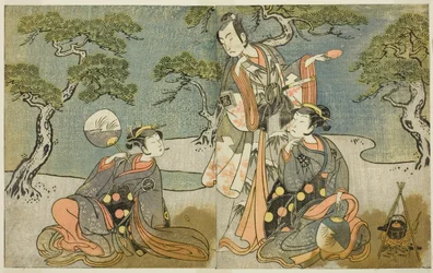 The Actors Nakamura Nakazo I as Matsukaze, Ichikawa Komazo II as Ariwara no Yukihira, and Iwai Hanshiro IV as Murasame (in the Play Kuni no Hana Ono no Itsumoji, Performed at the Nakamura Theater in the Eleventh Month, 1771)