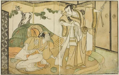 The Actors Nakamura Nakazo I as Taira no Kiyomori (right), and Yamashita Kinsaku II as Tokiwa Gozen (left), in the Play Nue no Mori Ichiyo no Mato, Performed at the Nakamura Theater in the Eleventh Month, 1770