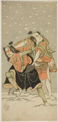 The Actors Otani Hiroji III as Kameo (right), and Sakata Sajuro I as Ario (left), in the Play Hime Komatsu Ne no Hi Asobi, Performed at the Ichimura Theater in the Ninth Month, 1768