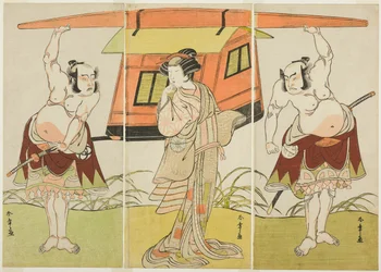 The Actors Otani Hiroji III as Yokambei, Nakamura Tomijuro I as Kuzunoha, and Bando Mitsugoro I as Yakambei, in the Last Scene from the Play Shinodazuma, Performed as a Supplement to the Play Kikyo-zom