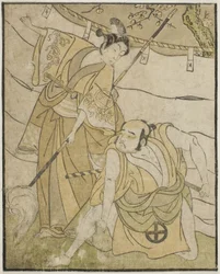The Actors Otani Tomoemon I as Emohei (right), and Sanogawa Ichimatsu II as Sanada Yoichi (left), in the Play Myoto-giku Izu no Kisewata, Performed at the Ichimura Theater in the Eleventh Month, 1770