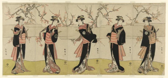 The Actors Segawa Kikunojo III as Karigane Obun, Nakayama Tomisaburo I as An no Oyasu, Iwai Kiyotaro II as Kaminari no Osha, Nakayama Tatezo I as Gokuin no Osen, and Ichikawa Monnosuke II as Hotei no Oichi, in 