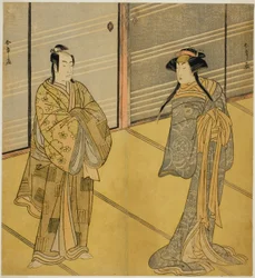 The Actors Segawa Kikunojo III as the Spirit of Joro-gumo (Harlot Spider) Disguised as the Maiko Tsumagiku (right), and Ichikawa Monnosuke II as Urabe no Suetake (left), in the Play Shitenno Tonoi no Kisewata, Performed at the Nakamura Theater in the Eleve