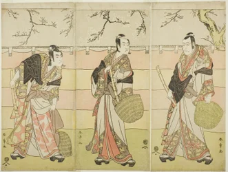 Three Komuso Monks: The Actors Ichikawa Ebizo (Danjuro V) as Kudo Suketsune (right), Ichikawa Monnosuke II as Soga no Juro Sukenari (center), and Ichikawa Omezo I as Soga no Goro Tokimune (left), in Act Six of the Play Waka Murasaki Edokko Soga