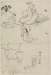 Various Depictions, Including a Lady with a Koto, a Seated Lady, and Two Men
