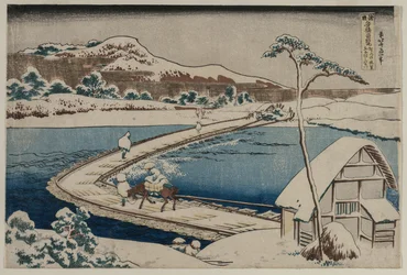 An Ancient Picture of the Boat Bridge at Sano in Kozuke Province, early 1830s