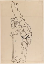 Drawing of a man resting on an axe and carrying part of a tree trunk on his back