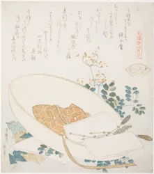 Freshly-Picked Flowers in a Traveler’s Hat, illustration for The Thousand-grasses Shell, from the series 