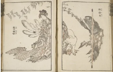 Japanese Woman, a White Fox with 9 Tails and a Monkey