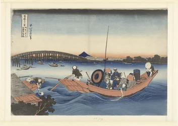 Looking at the Sunset by the Ryogoku Bridge from the Onmaya Shore (series: 36 Views of Mount Fuji)