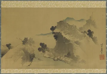 Landscape: mountains, stream and boats, Edo Period