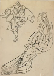 Old Woman Seated on Bench Before Whom a Man with Fan Dances