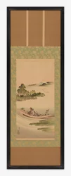 River landscape: ferry-boat and Mount Fuji