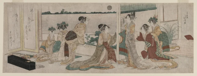 Tsukasa and Other Courtesans Watching the Autumn Moon Rise Over Rice Fields