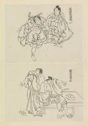 Two Theatrical Scenes, One with Two Samurai and One with Two Figures at a Table