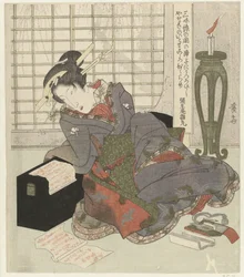 A Geisha Leaning on Her Shamisen Box