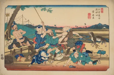 Iwamurata, Fight of the Blind, Plate 23 from the Series: Sixty-Nine Stations of the Kisokaido
