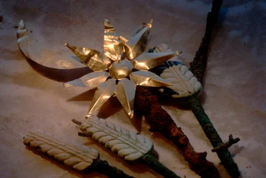 Gold sun and moon with wheat sticks, artifacts, Oxus Civilization, Turkmenistan, Gonor Depe site, 2004