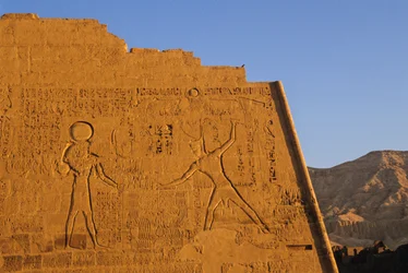 Ramses III smiting enemies, main temple, pylon, Medinet Habu, New Kingdom, Egypt