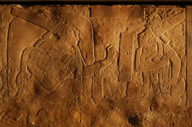 Temple 19 throne bench, Palenque, Mexico, carving of Akhal Mo Nab, 2005