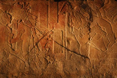 Temple 19 throne bench, Palenque, Mexico, carving of Akhal Mo Nab