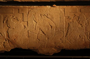 Temple 21 throne bench, carving of king Akhal Mo Nab, Palenque, Mexico, 2005
