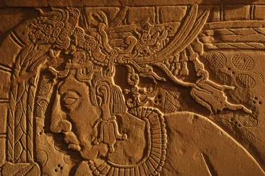 Temple 21 throne bench, carving of King Akhal Mo Nab, Palenque, Mexico, 2005 (photo)