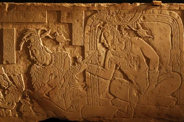 Temple 21 throne bench, carving of King Akhal Mo Nab, Palenque, Mexico, 2005 (photo)