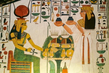 Tomb of Nefertari; Nefertari offers wine to a group of deities; Egypt, Valley of the Kings