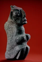 Seated Carved Stone Figurine with Traces of Paint, Tenochtitlan, Templo Mayor, Aztec, 2010 (photo)
