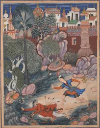 Umar Walks around Fulad Castle, Meets a Foot Soldier and Kicks Him to the Ground, ca. 1570