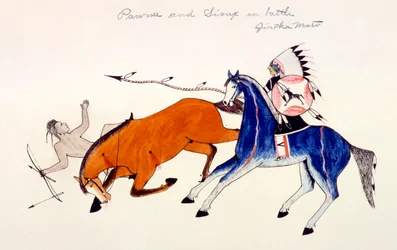 Unhorsing of a Pawnee warrior by Dakota Sioux warrior Zintka Mato Dog Bear