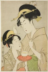 A Young Girl Offering Tea to Another Woman