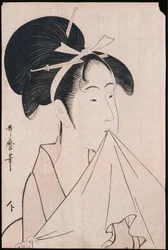 A bust portrait of Okita of the Naniwaya holding a hand towel in her teeth and stretching the cloth