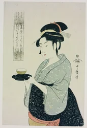 A Half Length Portrait of Naniwaya Okita, Depicting the Famous Teahouse Waitress Serving a Cup of Tea