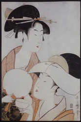 Bust Portrait of Two Women, One Holding a Fan, the Other with a Head Cover Holding a Tea Cup