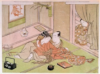 Couple caressing under the gaze of the handmaid. Japanese print by Kitagawa Utamaro (1753-1806). 18th century. Paris, Guimet Museum, National Museum of Asian Arts